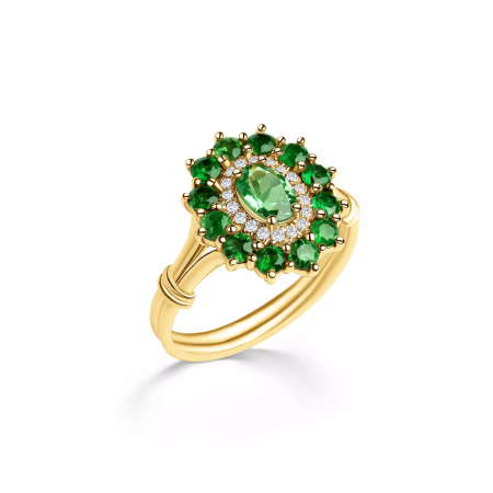 18 kt Gelbgoldring Tsavorit & Brillanten – “Green Harmony”