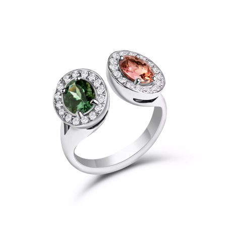 18kt Weißgoldring grüner & rosa Turmalin – “Toi Et Moi”