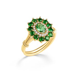 18 kt Gelbgoldring Tsavorit & Brillanten – “Green Harmony”