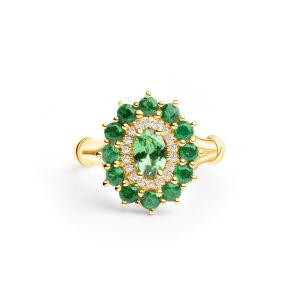 18 kt Gelbgoldring Tsavorit & Brillanten – “Green Harmony”