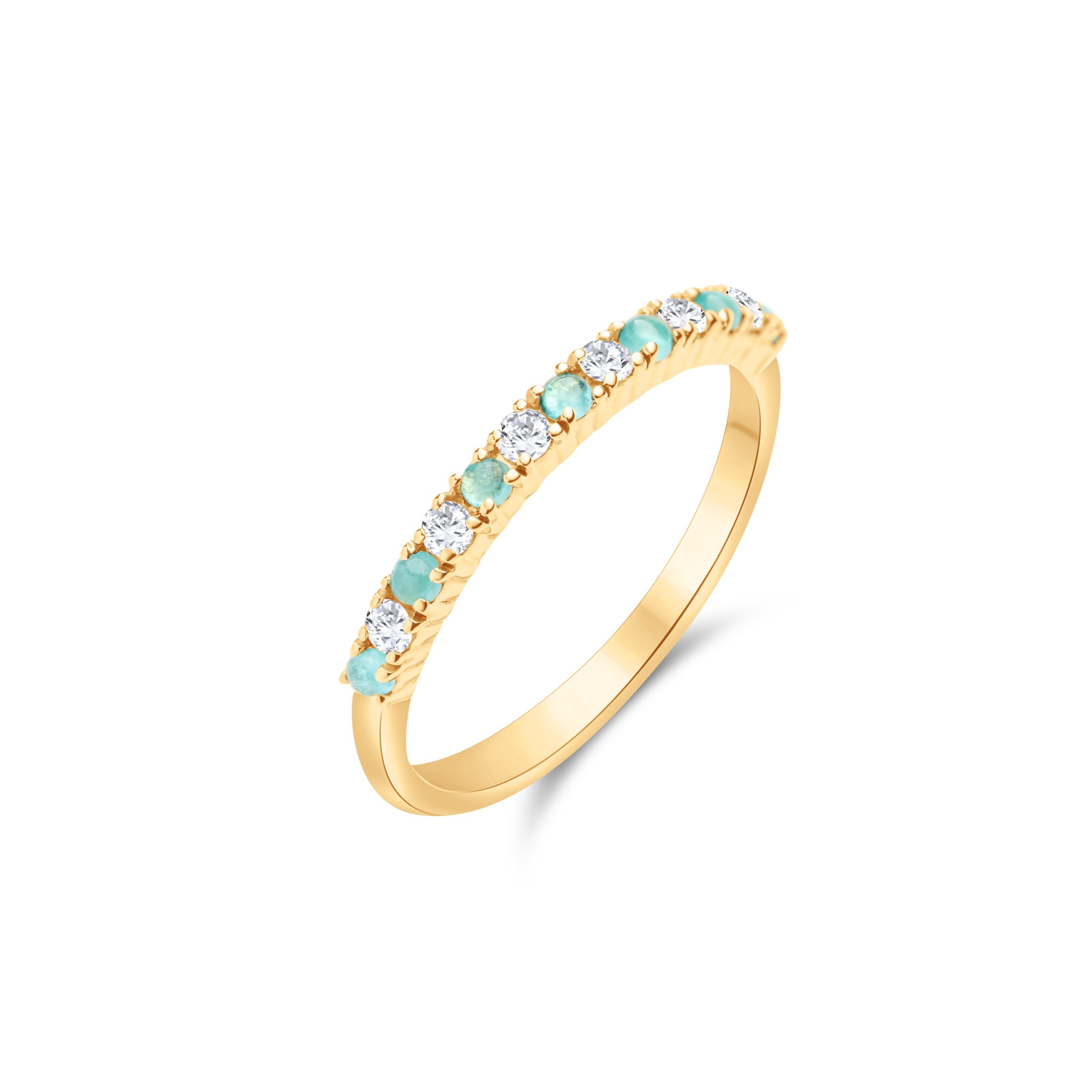 Eleganter Memoire-Ring aus 18 Karat Gelbgold mit abwechselnd gefassten Paraiba-Turmalinen und Brillanten im Half-Eternity-Design. Ein luxuriöses Schmuckstück mit einzigartiger Farbbrillanz.