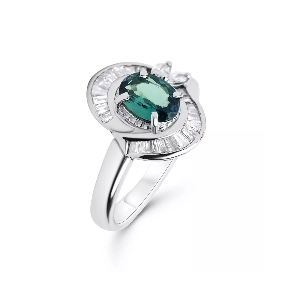 Platinring mit Alexandrit und Diamanten – luxuriöser Damenring mit Farbwechsel-Edelstein