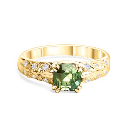 Verlobungsring aus Gelbgold mit grünem Saphir und Diamanten – “Vintage”