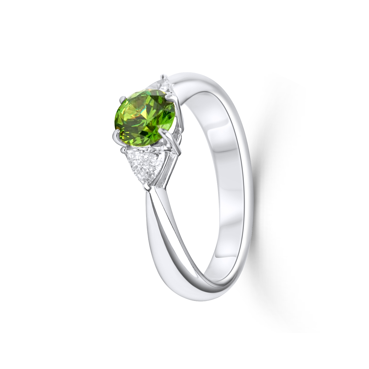 Platinring mit grünem Demantoid und funkelnden Diamanten – edle Handarbeit aus Wien - sicher online kaufen - La Pantera Edelsteine