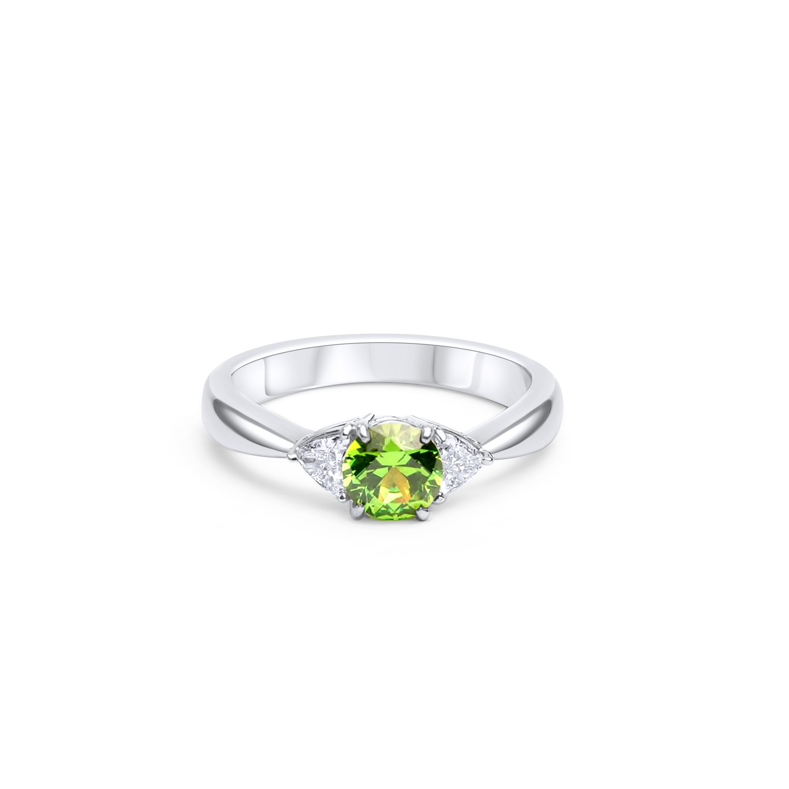 Platinring mit grünem Demantoid und funkelnden Diamanten – edle Handarbeit aus Wien - sicher online kaufen - La Pantera Edelsteine