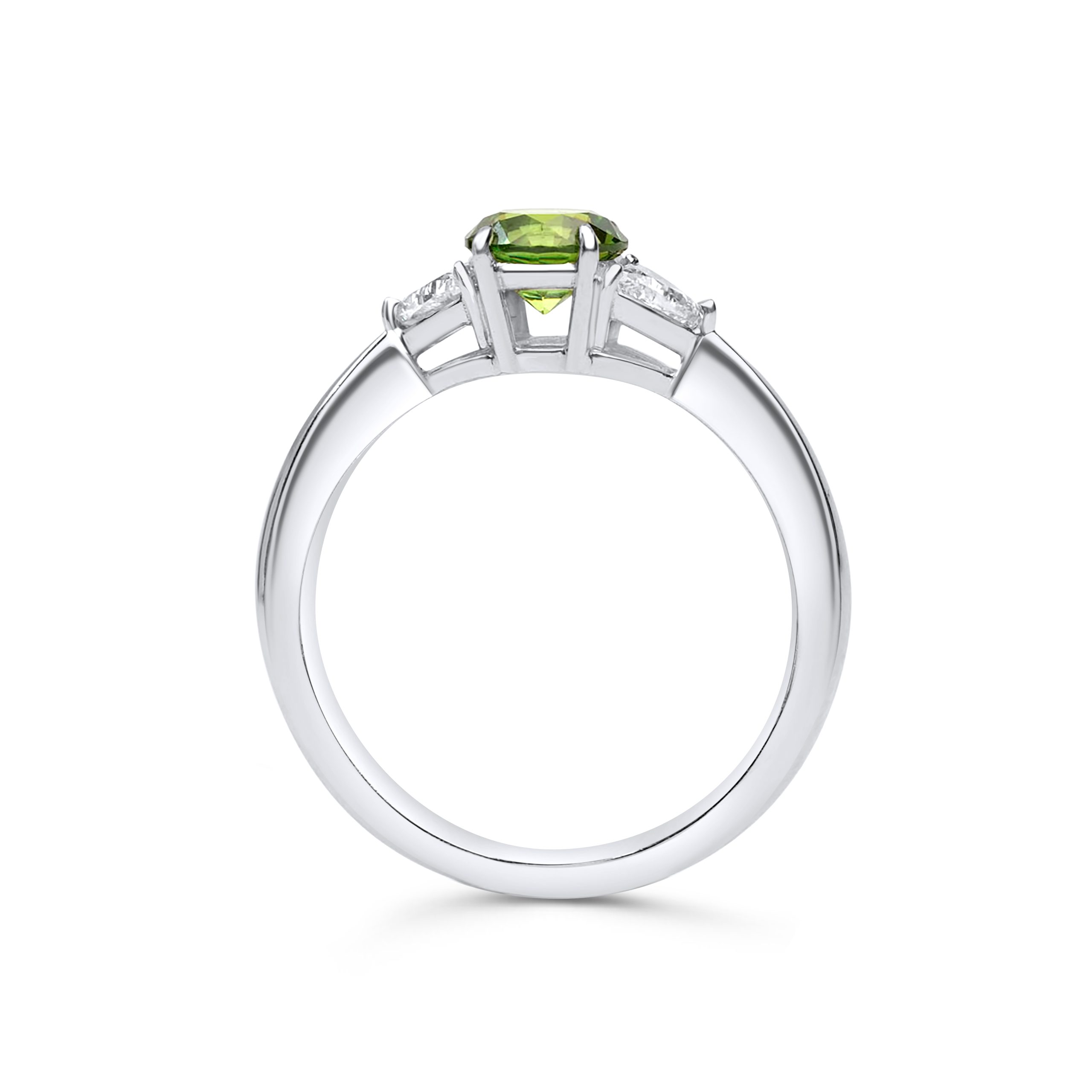 Platinring mit grünem Demantoid und funkelnden Diamanten – edle Handarbeit aus Wien - sicher online kaufen - La Pantera Edelsteine