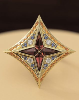 Jewelry meets History Material: Gelbgold 750, 4 Granate, 36 Saphire (orange), 16 Saphire (blau), 4 Brillanten Preis: 7.400 Euro Adresse: Nußdorfer Straße 11a-13 1090 Wien Telefon: +431 317 56 77 E-mail: info@lapantera.at